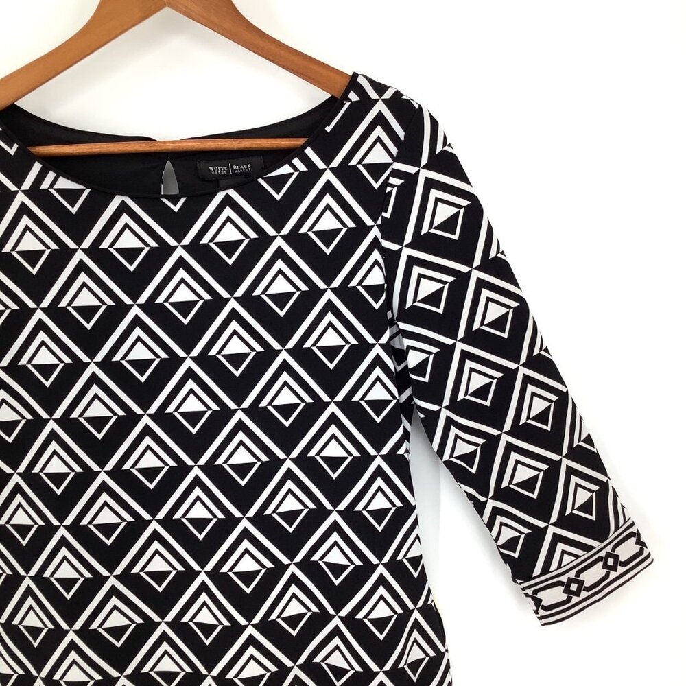WHITE HOUSE BLACK MARKET Women's Black & White M Geometric 3/4 Sleeve Dress - Picture 2 of 7
